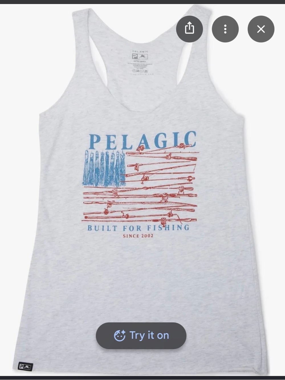Pelagic women’s patriotic reel flag Tank Top Blue & Red Fishing Graphic top sz s